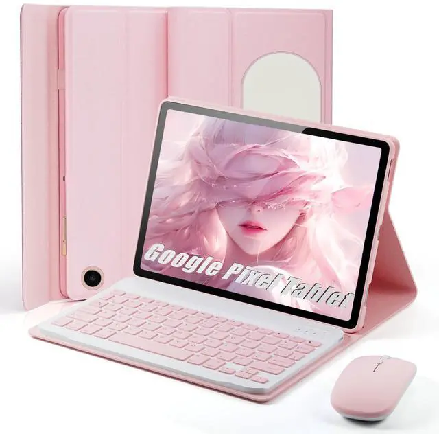 Main image of TUNKARMOR Keyboard Case for Google Pixel Tablet 11 inch 2023, Mouse and Detachable Keyboard, PU Leather Cover Case Auto Sleep/Wake - Pink