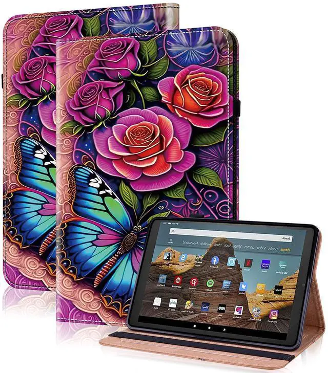 Main image of Case for Kindle Fire HD 10 Tablet 10.1" (6th/7th/8th9/th Generation, 2016/2017/2018/2019), PU Leather Flip Case with Elastic Band & Card Slots/Holder, Multi-Angle Stand Cover - Colorful Butterfly