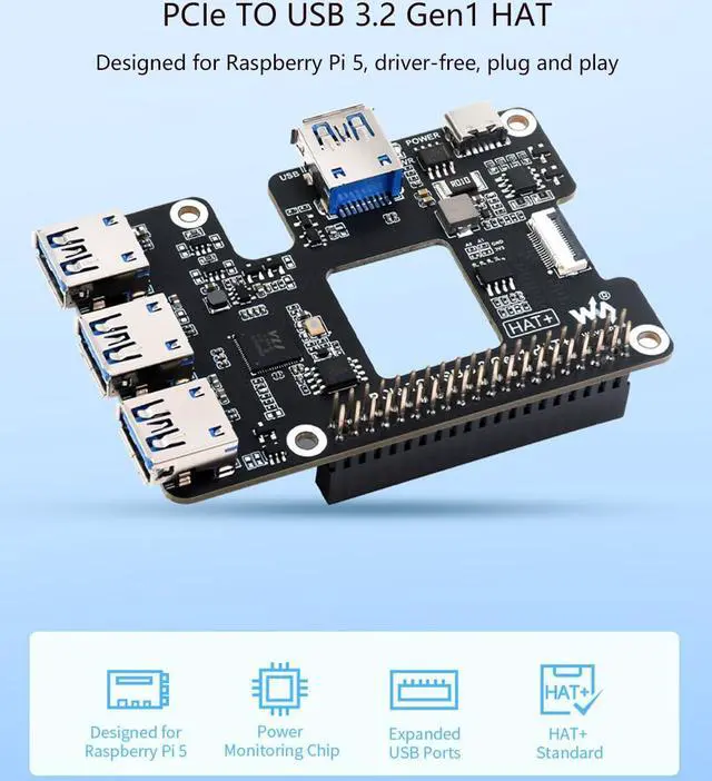 Alt view image 2 of 5 - Waveshare PCIe to USB 3.2 Gen1 HAT for Raspberry Pi 5, PCIe to USB HUB, Extends The PCIe Interface to 4X High Speed USB 3.2 Gen1 Ports Driver-Free Plug and Play HAT + Standard