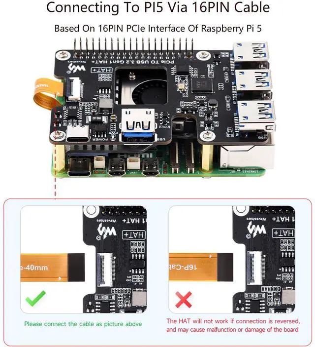 Alt view image 3 of 5 - Waveshare PCIe to USB 3.2 Gen1 HAT for Raspberry Pi 5, PCIe to USB HUB, Extends The PCIe Interface to 4X High Speed USB 3.2 Gen1 Ports Driver-Free Plug and Play HAT + Standard