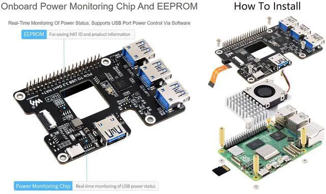 Alt view image 5 of 5 - Waveshare PCIe to USB 3.2 Gen1 HAT for Raspberry Pi 5, PCIe to USB HUB, Extends The PCIe Interface to 4X High Speed USB 3.2 Gen1 Ports Driver-Free Plug and Play HAT + Standard