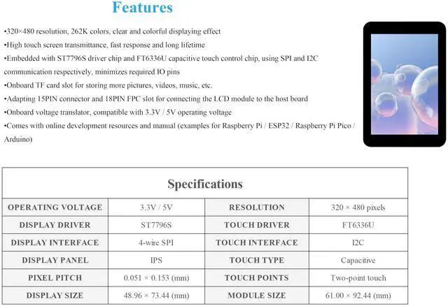Alt view image 3 of 5 - 3.5inch Capacitive Touch Screen Compatible with Raspberry Pi 5/4B/3B+/Zero/Zero W/Zero 2W/Pico/Pico W/Pico 2/Pico 2 W/ ESP32 /Ar-duino, IPS Display 320x480 Resolution, SPI and I2C Control Interfaces