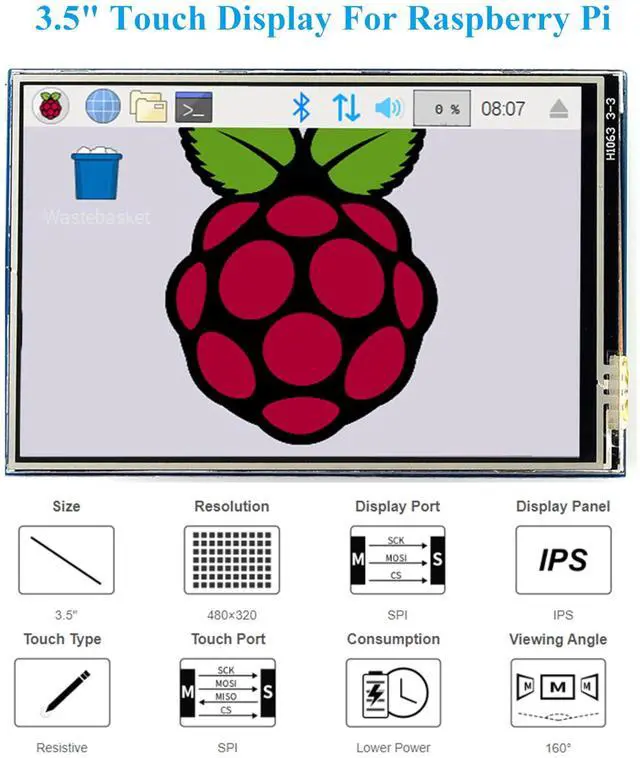 Alt view image 2 of 5 - UeeKKoo 3.5inch Touch Screen Compatible with Raspberry Pi 5/Pi 4B/3B+/3B/Zero/Pi Zero 2W/Zero W/Zero WH/CM5/CM4, 480x320 IPS Display, 160deg Viewing Angle, SPI Touch Port