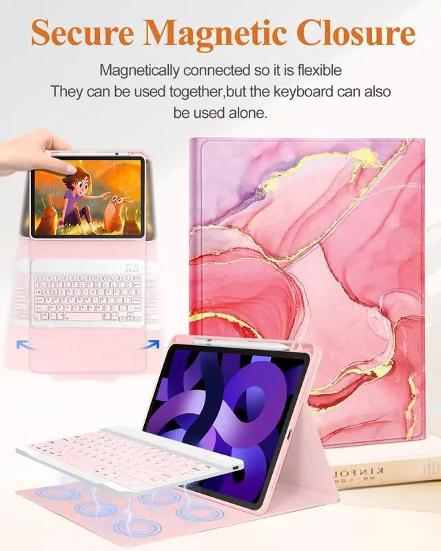 Alt view image 4 of 5 - Uppuppy for iPad Air 11 inch Case 2024 - Air 5th/4th Generation 10.9, Pro 11 Case with Keyboard Pencil Holder Tablet Cover Folio Women Girls Cute Marble Aesthetic for iPad Air 11 2024 (M2), Pro 11