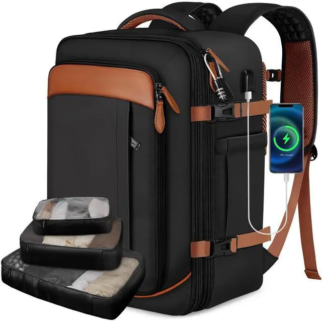 Main image of Vancropak 40L Travel Backpack for Women & Men, Large Expandable Carry on Backpack for Airplanes with 3 Packing Cubes, Airline Approved Water Resistant Anti Theft Travel Bag fit 17" Laptop, Black Brown