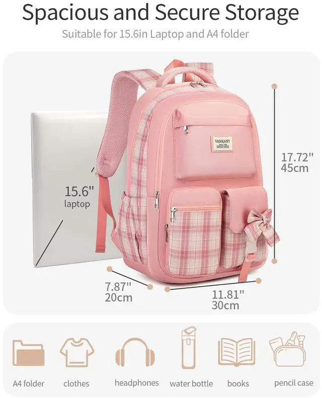 Alt view image 3 of 5 - VANKANY School Backpack for Girls, Cute Women Bookbag with Laptop Compartment for Teens College Student Mochilas Escolares para Ninas (Pink)
