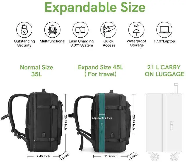 Alt view image 3 of 5 - VGOAL Carry on Backpack, 40L Expandable Travel Weekender Overnight Luggage Bag Extra Large Backpack Fit up to 17.3" Laptop