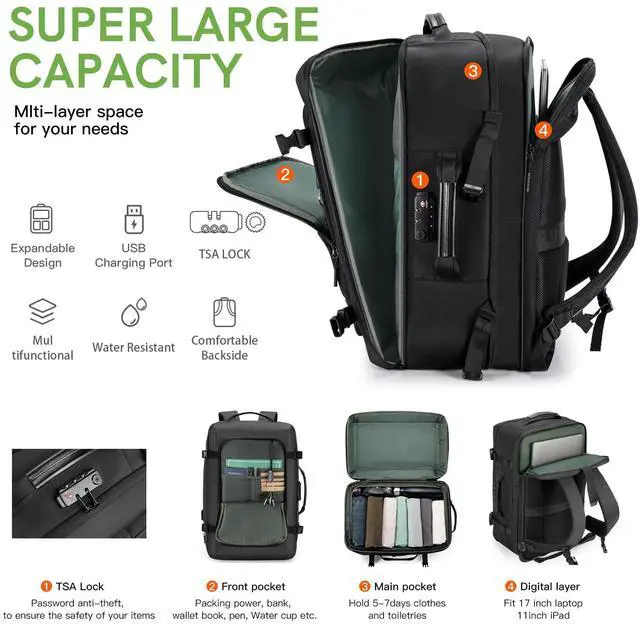 Alt view image 5 of 5 - VGOAL Carry on Backpack, 40L Expandable Travel Weekender Overnight Luggage Bag Extra Large Backpack Fit up to 17.3" Laptop