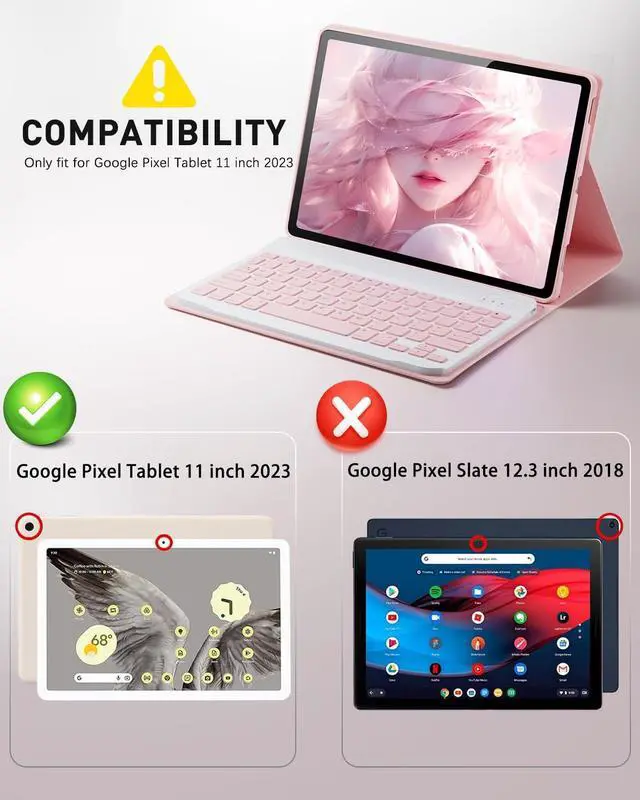 Alt view image 2 of 5 - TUNKARMOR Keyboard Case for Google Pixel Tablet 11 inch 2023, Mouse and Detachable Keyboard, PU Leather Cover Case Auto Sleep/Wake - Pink