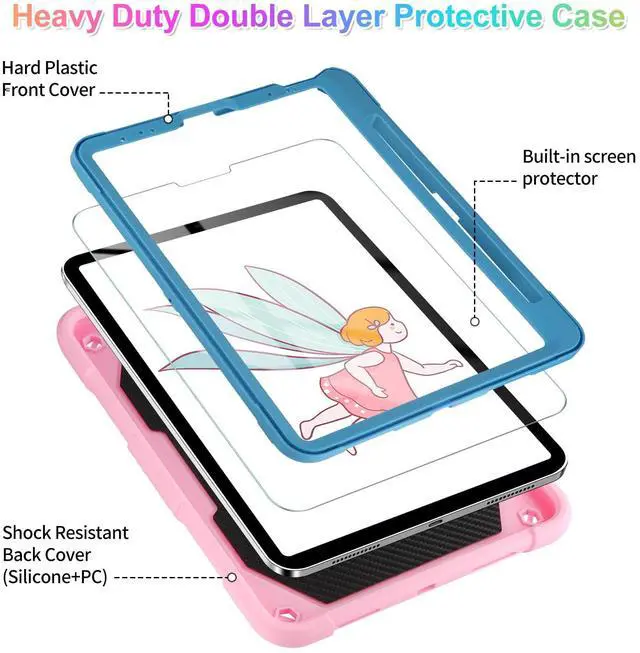 Alt view image 2 of 5 - for iPad Air 5th/4th Generation Case with Screen Protector,iPad Pro 11 Inch Case Butterfly Stand Strap Cute Dolls Pencil Holder Kids Hard Cover for iPad Air 4th 5th 10.9/iPad Pro 11 2022-Pink Blue