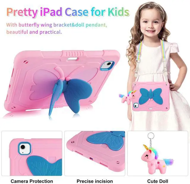 Alt view image 3 of 5 - for iPad Air 5th/4th Generation Case with Screen Protector,iPad Pro 11 Inch Case Butterfly Stand Strap Cute Dolls Pencil Holder Kids Hard Cover for iPad Air 4th 5th 10.9/iPad Pro 11 2022-Pink Blue