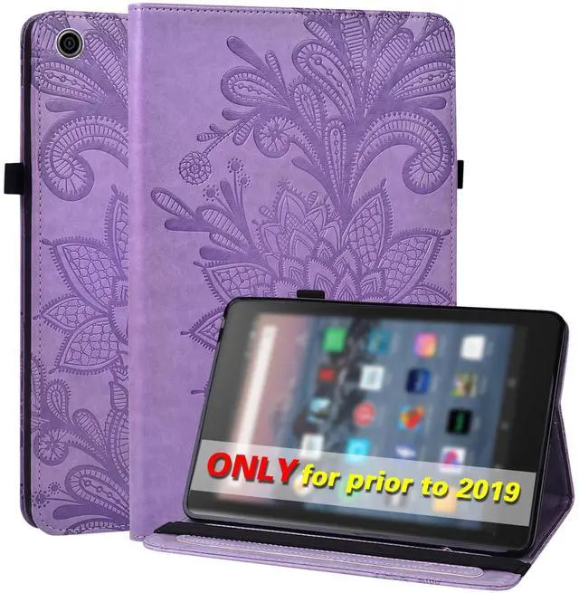 Main image of VODEFOX for Kindle Fire HD 10 Case 9th/7th/5th Generation 10.1 Inch (2019/2017/2015),Embossed Lace Flower PU Leather Folio Wallet Shockproof Cover with Pen Holder Elastic Band 10.1" - Purple
