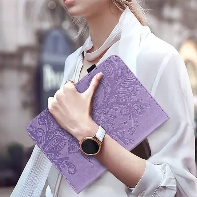 Alt view image 4 of 5 - VODEFOX for Kindle Fire HD 10 Case 9th/7th/5th Generation 10.1 Inch (2019/2017/2015),Embossed Lace Flower PU Leather Folio Wallet Shockproof Cover with Pen Holder Elastic Band 10.1" - Purple