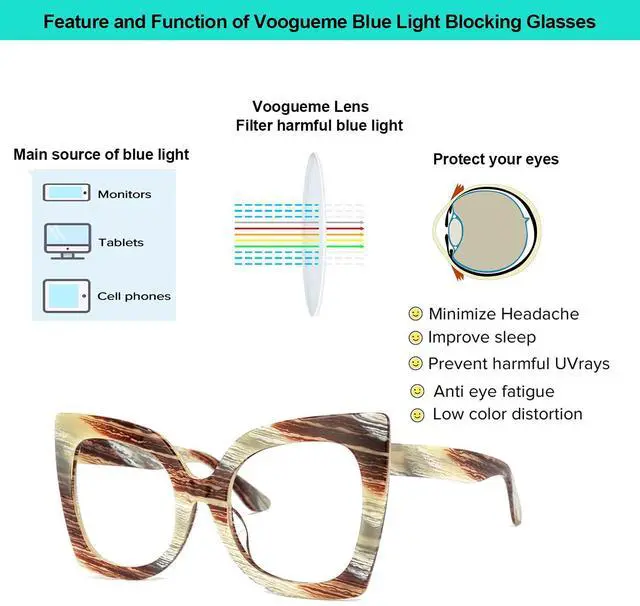 Alt view image 4 of 5 - Voogueme Oversize Square Frame Blue Light Glasses for Wome Block UV Anti Eyestrain Eyewear Adrian GWA000487-03, Brown, Large