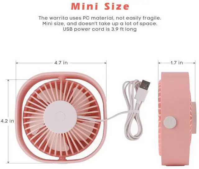 Alt view image 2 of 5 - warrita 2 Pieces USB Desk Fans Small Quiet, 3 Speeds Portable Table Fan, 360degRotatable Mini Desk Fan, Five-bladed Turbo Blade, 3.9 Feet Powered by USB with Anti-slip Pad - Pink