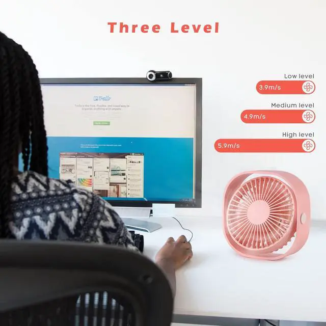 Alt view image 4 of 5 - warrita 2 Pieces USB Desk Fans Small Quiet, 3 Speeds Portable Table Fan, 360degRotatable Mini Desk Fan, Five-bladed Turbo Blade, 3.9 Feet Powered by USB with Anti-slip Pad - Pink