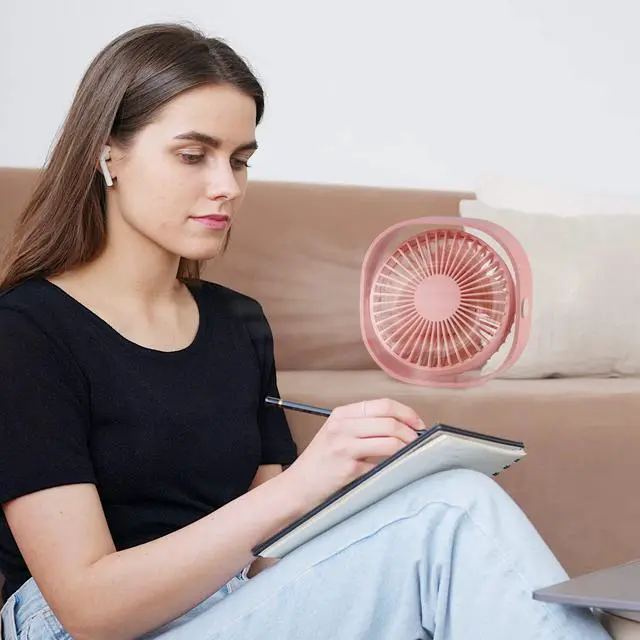 Alt view image 5 of 5 - warrita 2 Pieces USB Desk Fans Small Quiet, 3 Speeds Portable Table Fan, 360degRotatable Mini Desk Fan, Five-bladed Turbo Blade, 3.9 Feet Powered by USB with Anti-slip Pad - Pink