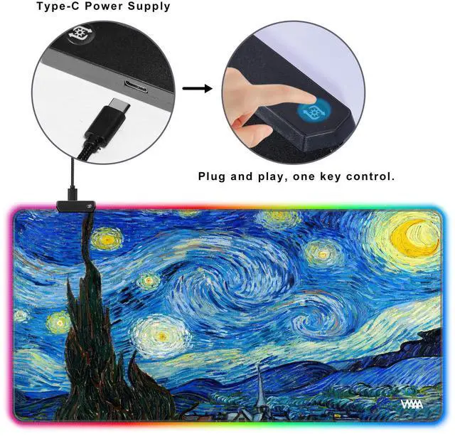 Alt view image 4 of 5 - Vyaaa 40" x 20" RGB Gaming Mouse Pad, XXL LED Desk Mat with 9 Light-Up Modes, Smooth Surface & Non-Slip Rubber Base for Gaming/Office/Home (Starry Night)