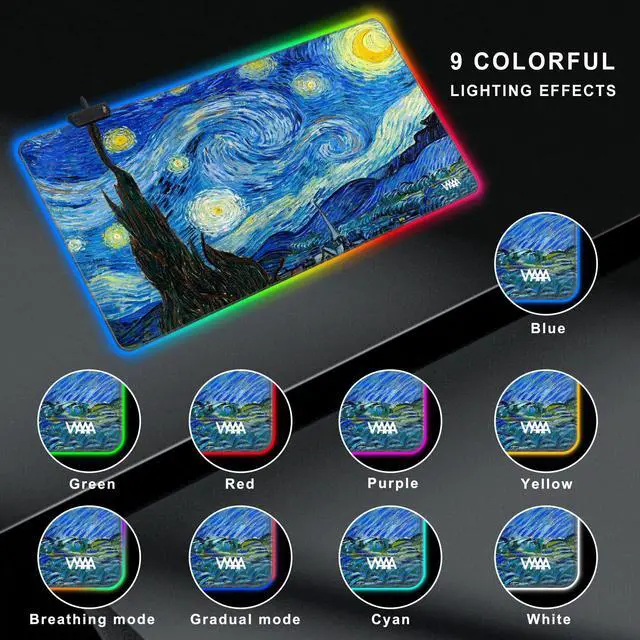 Alt view image 3 of 5 - Vyaaa 40" x 20" RGB Gaming Mouse Pad, XXL LED Desk Mat with 9 Light-Up Modes, Smooth Surface & Non-Slip Rubber Base for Gaming/Office/Home (Starry Night)