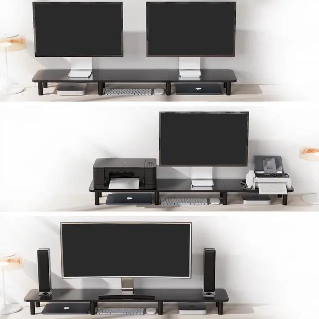 Alt view image 3 of 5 - WEGASTU 43.7" Extra Long Dual Monitor Stand Riser, Wood & Steel Monitor Stand for 2 Monitors, Wide TV Stand, Desktop Riser for Desk Organization, Home Office,Laptop,Printer,TV (Black)