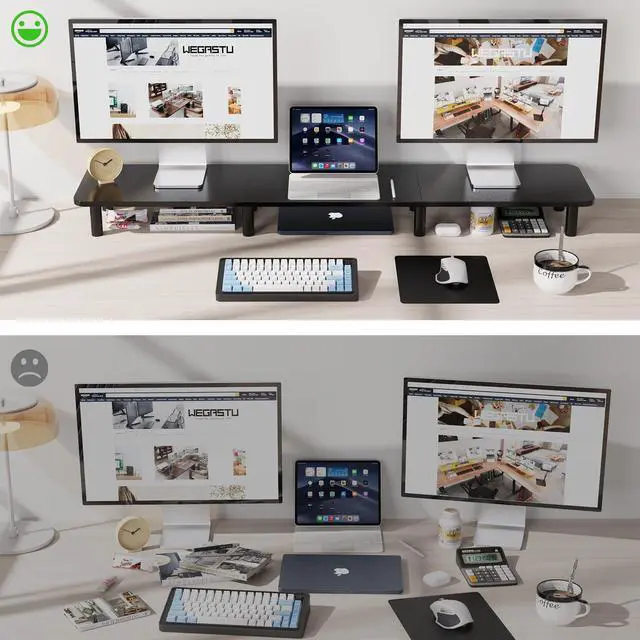 Alt view image 4 of 5 - WEGASTU 43.7" Extra Long Dual Monitor Stand Riser, Wood & Steel Monitor Stand for 2 Monitors, Wide TV Stand, Desktop Riser for Desk Organization, Home Office,Laptop,Printer,TV (Black)