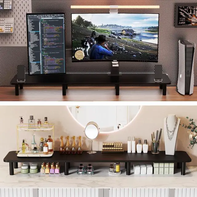Alt view image 5 of 5 - WEGASTU 43.7" Extra Long Dual Monitor Stand Riser, Wood & Steel Monitor Stand for 2 Monitors, Wide TV Stand, Desktop Riser for Desk Organization, Home Office,Laptop,Printer,TV (Black)