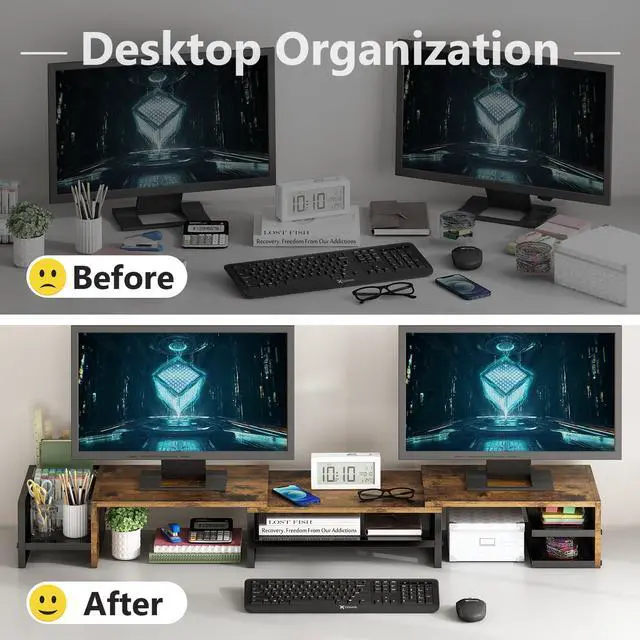 Alt view image 3 of 5 - Wisdom Star Dual Monitor Stand with Drawer, Desk Organizers and Accessories, Adjustable Length & Swivel Angle, 2-Tier Computer Monitor Stand for Computer, Laptop, PC, Brown