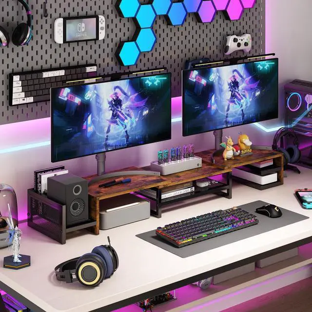 Alt view image 4 of 5 - Wisdom Star Dual Monitor Stand with Drawer, Desk Organizers and Accessories, Adjustable Length & Swivel Angle, 2-Tier Computer Monitor Stand for Computer, Laptop, PC, Brown