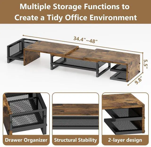 Alt view image 2 of 5 - Wisdom Star Dual Monitor Stand with Drawer, Desk Organizers and Accessories, Adjustable Length & Swivel Angle, 2-Tier Computer Monitor Stand for Computer, Laptop, PC, Brown