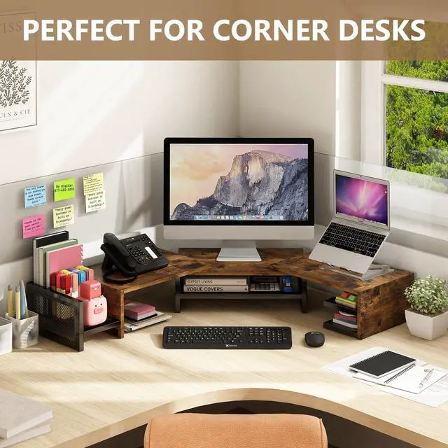 Alt view image 5 of 5 - Wisdom Star Dual Monitor Stand with Drawer, Desk Organizers and Accessories, Adjustable Length & Swivel Angle, 2-Tier Computer Monitor Stand for Computer, Laptop, PC, Brown