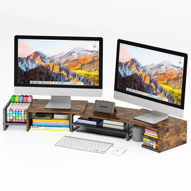 Main image of Wisdom Star Dual Monitor Stand with Drawer, Desk Organizers and Accessories, Adjustable Length & Swivel Angle, 2-Tier Computer Monitor Stand for Computer, Laptop, PC, Brown