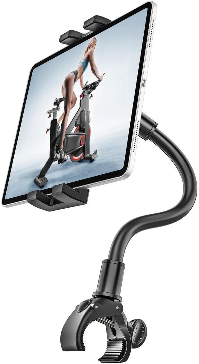 Main image of Gooseneck Spin Bike Tablet Holder, Handlebar Clamp Tablet Mount for Stroller, Wheelchair, Indoor Peloton, Treadmill, Stationary Exercise Bicycle, Elliptical, for 4-13" iPad Pro Air Mini, Galaxy, Fire