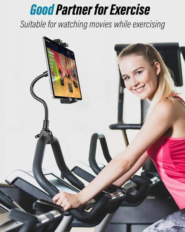 Alt view image 2 of 5 - Gooseneck Spin Bike Tablet Holder, Handlebar Clamp Tablet Mount for Stroller, Wheelchair, Indoor Peloton, Treadmill, Stationary Exercise Bicycle, Elliptical, for 4-13" iPad Pro Air Mini, Galaxy, Fire