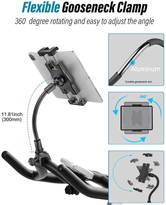 Alt view image 3 of 5 - Gooseneck Spin Bike Tablet Holder, Handlebar Clamp Tablet Mount for Stroller, Wheelchair, Indoor Peloton, Treadmill, Stationary Exercise Bicycle, Elliptical, for 4-13" iPad Pro Air Mini, Galaxy, Fire