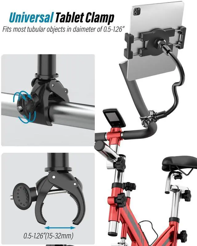 Alt view image 4 of 5 - Gooseneck Spin Bike Tablet Holder, Handlebar Clamp Tablet Mount for Stroller, Wheelchair, Indoor Peloton, Treadmill, Stationary Exercise Bicycle, Elliptical, for 4-13" iPad Pro Air Mini, Galaxy, Fire