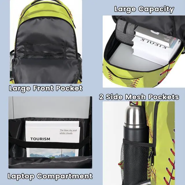 Alt view image 4 of 5 - Yellow Baseball Sport Softball Backpack School Bookbag Laptop Purse Casual Daypack for Teen Girls Women Boys Men College Travel