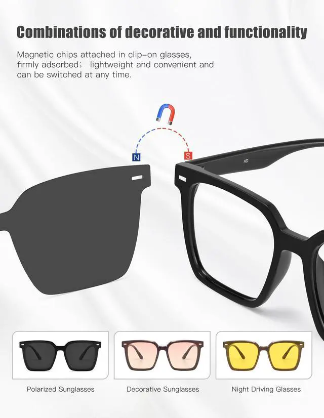 Alt view image 5 of 5 - ZanyLen Magnetic Clip On Sunglasses for Men/Women Polarized UV Protection Night Driving Sunglasses Square Blue Light Glasses