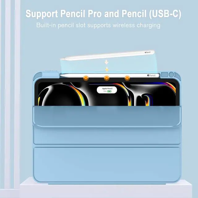 Alt view image 3 of 5 - ZryXal New iPad Pro 13 Inch Case M4 (2024 Model, 7th Generation) with Pencil Holder, Smart iPad Case [Support Pencil Pro and Pencil (USB-C)], Support Touch ID and Auto Wake/Sleep (Azure Blue)