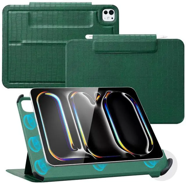 Main image of CoBak Magnetic Case with Stand for iPad Pro 11 Inch (M4) 2024, Multiple Viewing Angles, Smart Auto Sleep/Wake Cover with Corner Protection with Apple Pencil Holder Strap, Emerald Croc