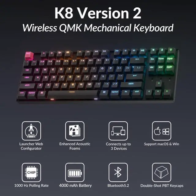 Alt view image 2 of 5 - Keychron K8 Version 2 TKL Custom Wireless Mechanical Keyboard, QMK Programmable Bluetooth 5.2/Wired, RGB Backlit with Shine-Through PBT Keycaps, Super Red Switch for Mac Windows Linux