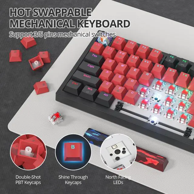 Alt view image 2 of 5 - iRoboosta Mechanical Gaming Keyboard, Hot Swappable RGB Backlit Custom Keyboard with Knob, Gasket Mount USB Wired, 82 Keys Black Red Linear Red Switch