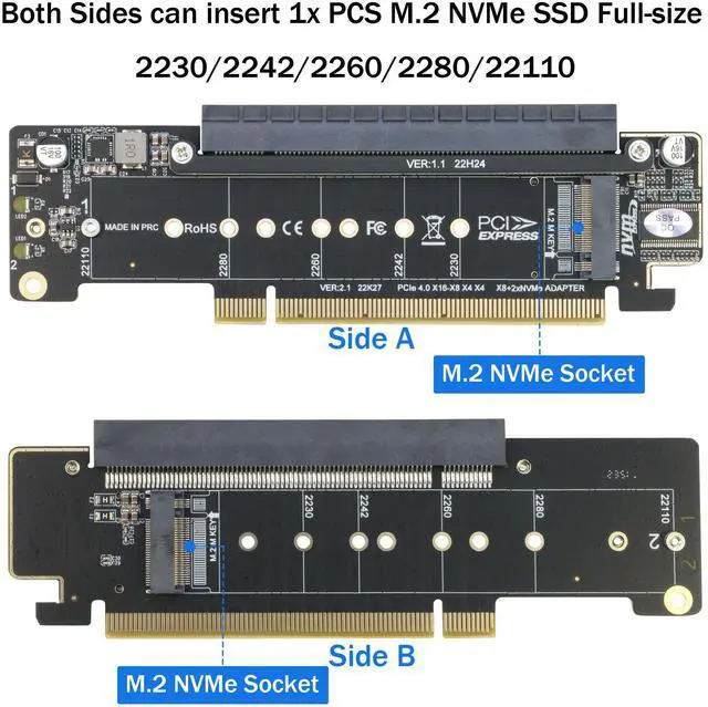 Alt view image 2 of 5 - RIITOP Dual NVMe PCIe Adapter, PCIe 4.0 X16 to Dual NVMe and 1x More PCIe x16 (x8 Signal) Adapter for 22110/2280/2260/2242/2230 M.2 NVMe SSD (PCI-e Bifurcation Required)