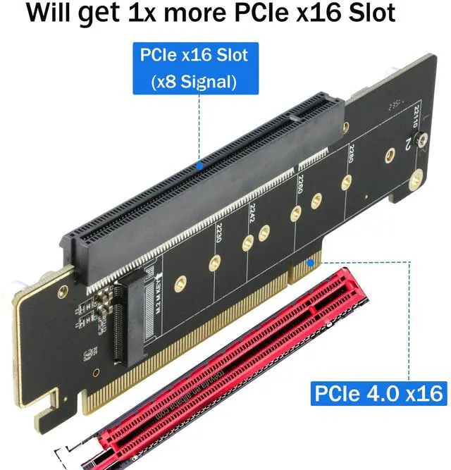 Alt view image 4 of 5 - RIITOP Dual NVMe PCIe Adapter, PCIe 4.0 X16 to Dual NVMe and 1x More PCIe x16 (x8 Signal) Adapter for 22110/2280/2260/2242/2230 M.2 NVMe SSD (PCI-e Bifurcation Required)