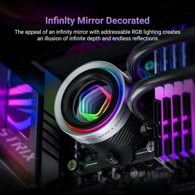 Alt view image 2 of 5 - ID-COOLING FX240 INF 240mm Liquid CPU Cooler, AIO Cooler with ARGB Infinity Mirror Effect, 2x120mm Daisy-Chained Fans Low-Noise Operating 27.2dB(A) Max., Intel LGA1851/1700/1200/115X & AMD AM5/AM4