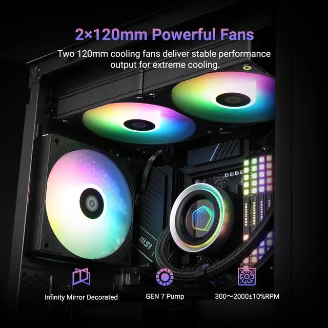 Alt view image 4 of 5 - ID-COOLING FX240 INF 240mm Liquid CPU Cooler, AIO Cooler with ARGB Infinity Mirror Effect, 2x120mm Daisy-Chained Fans Low-Noise Operating 27.2dB(A) Max., Intel LGA1851/1700/1200/115X & AMD AM5/AM4