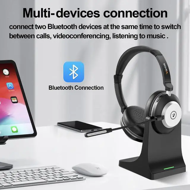 Alt view image 3 of 5 - Wantek Wireless Headset with Mic- USB & Bluetooth Connectivity, 50-Hour Battery Life, AI Noise Cancelling Adjustable Microphone Charging Dock, Comfort Fit for Home/Office/Mobile Phone