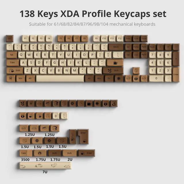 Alt view image 2 of 5 - Owpkeenthy Retro XDA Keycaps, PBT 138 Keys Brown Keycap Set for Cherry MX Covers Fullsize 60% 65% 75% Keyboard XDA Coffee Cat
