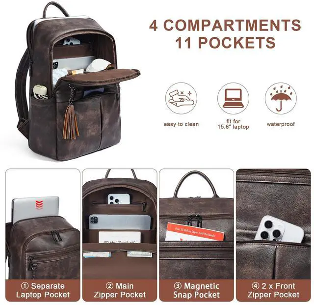 Alt view image 4 of 5 - Mroede Laptop Backpack for Women 15.6" Leather Backpacks Purse Work Computer Backpack for Travel College Business,Coffee