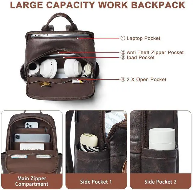 Alt view image 5 of 5 - Mroede Laptop Backpack for Women 15.6" Leather Backpacks Purse Work Computer Backpack for Travel College Business,Coffee