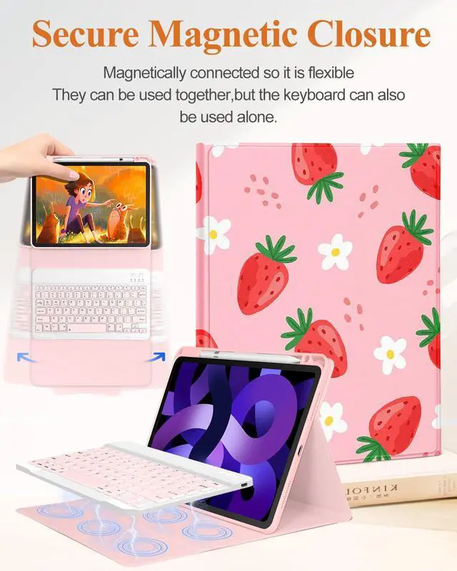 Alt view image 4 of 5 - Uppuppy for iPad Air 11 inch Case 2024 - Air 5th/4th Generation 10.9, Pro 11 Case with Keyboard Pencil Holder Tablet Cover Folio Women Cute Girls Kawaii Strawberry for iPad Air 11 2024 (M2), Pro 11